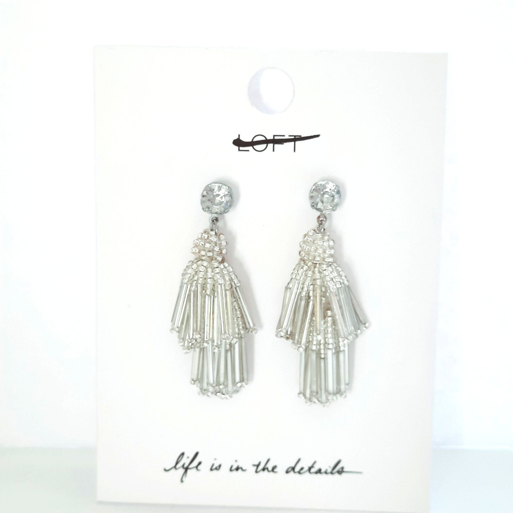LOFT NEW Crystal Stone Silver Metallic Tassel Drop Dangle Earrings NWT Elegant